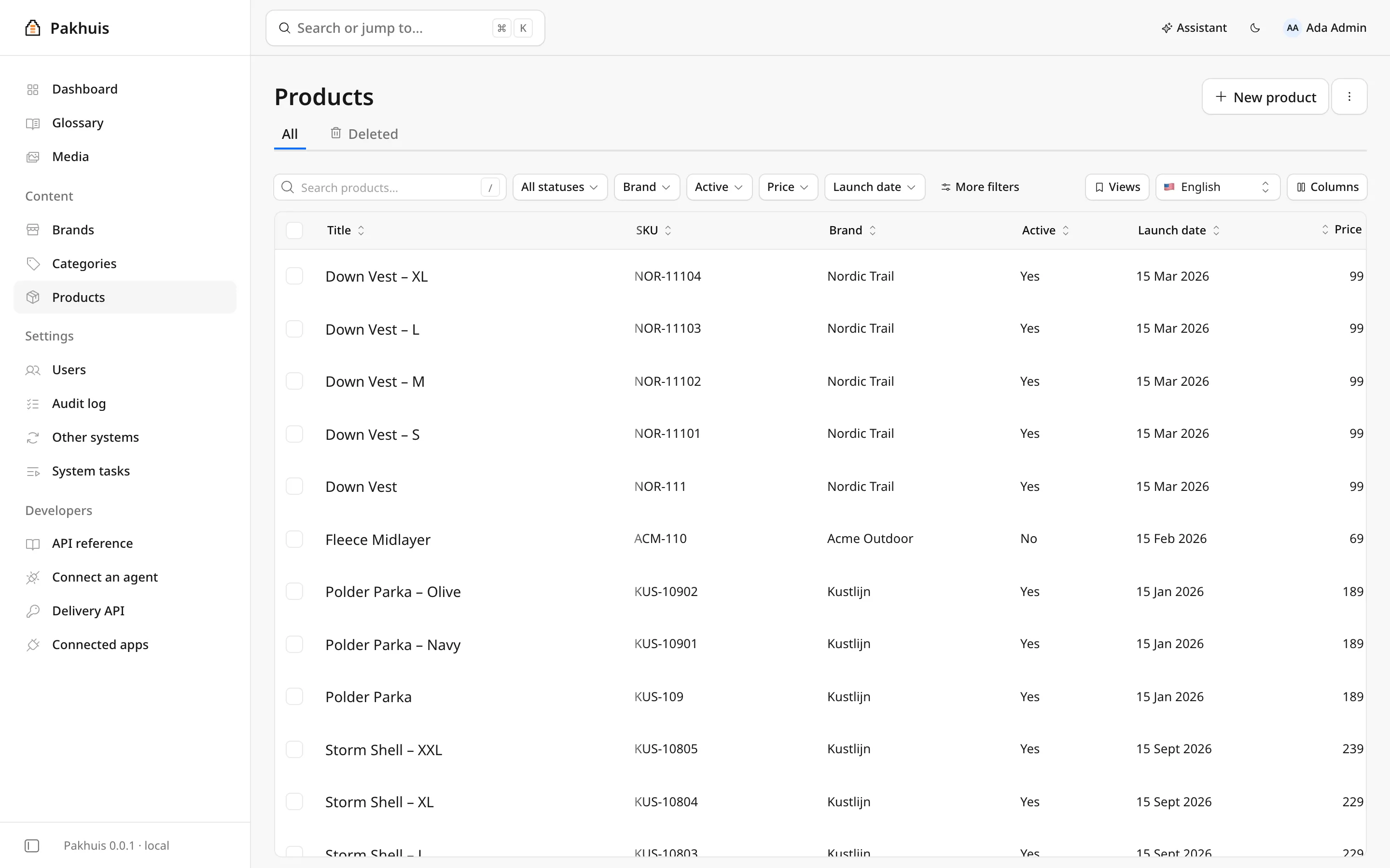 The products grid in the Pakhuis admin, with filters for status, brand, price and launch date, and columns for SKU, active and price.