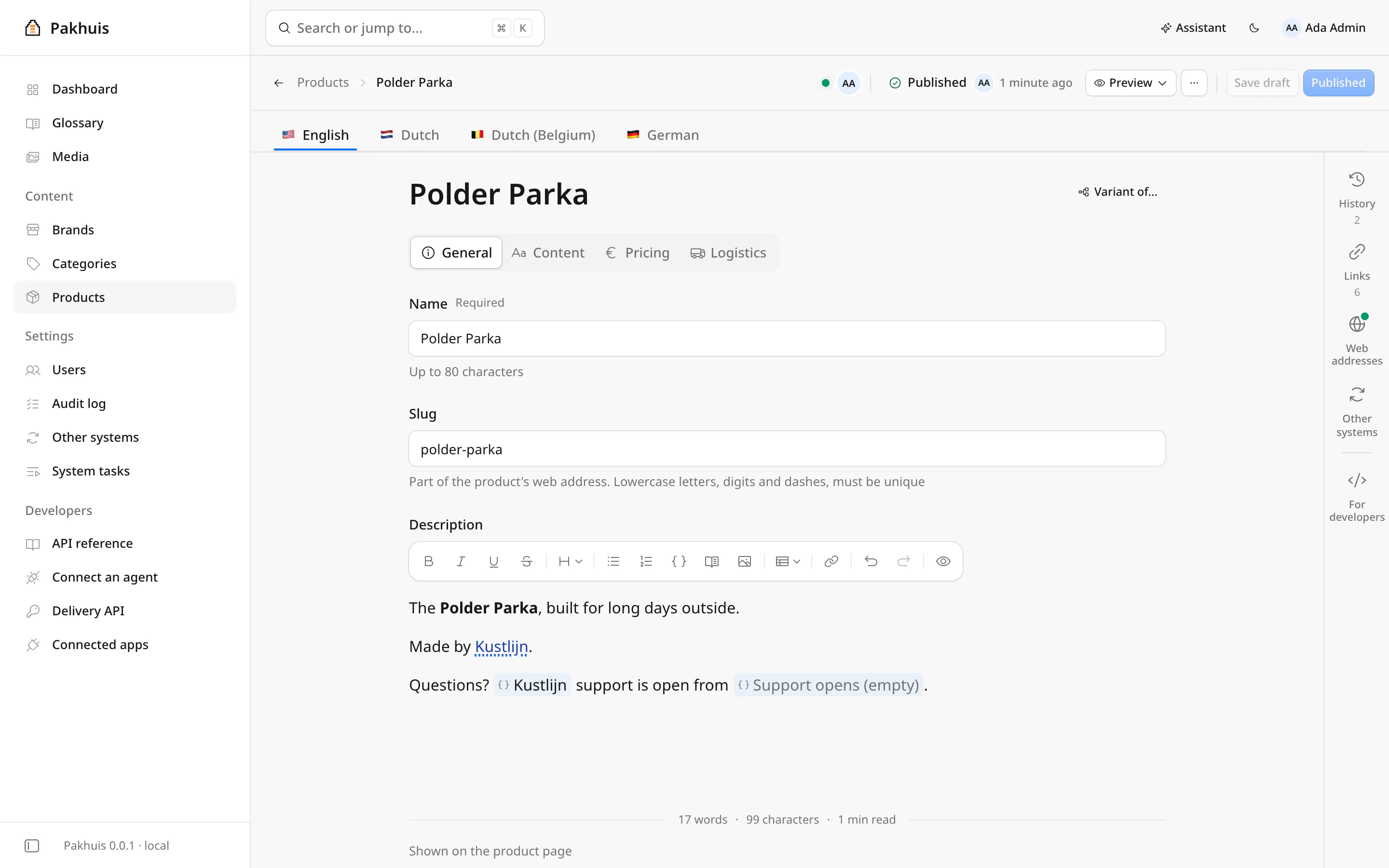 The Pakhuis admin editing the Polder Parka product: tabs for English, Dutch, Dutch (Belgium) and German, field groups, and a rich text description with links to other objects.
